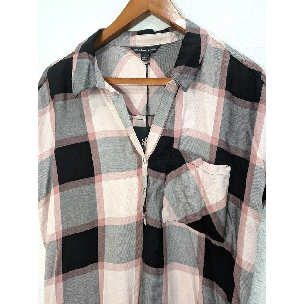 Rock & Republic Roll Sleeve Button Down High Low Plaid Shirt Dress New With Tags